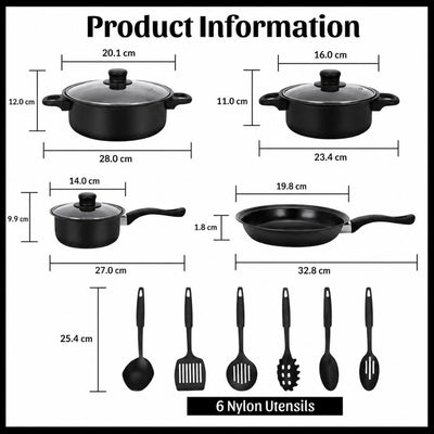 Vase de Gătit 13 Piese, 3 Oale și Tigaie 14–22cm, Antiaderente, 3 Capace din Sticlă Termorezistentă, 6 Ustensile 26cm din Nylon Engros