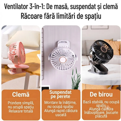 Ventilator Portabil cu Clemă, 20×15cm, USB, Rotire 360°, 3 Trepte de Viteză, Montare pe Birou sau Perete, Silențios, Diferite Culori Engros