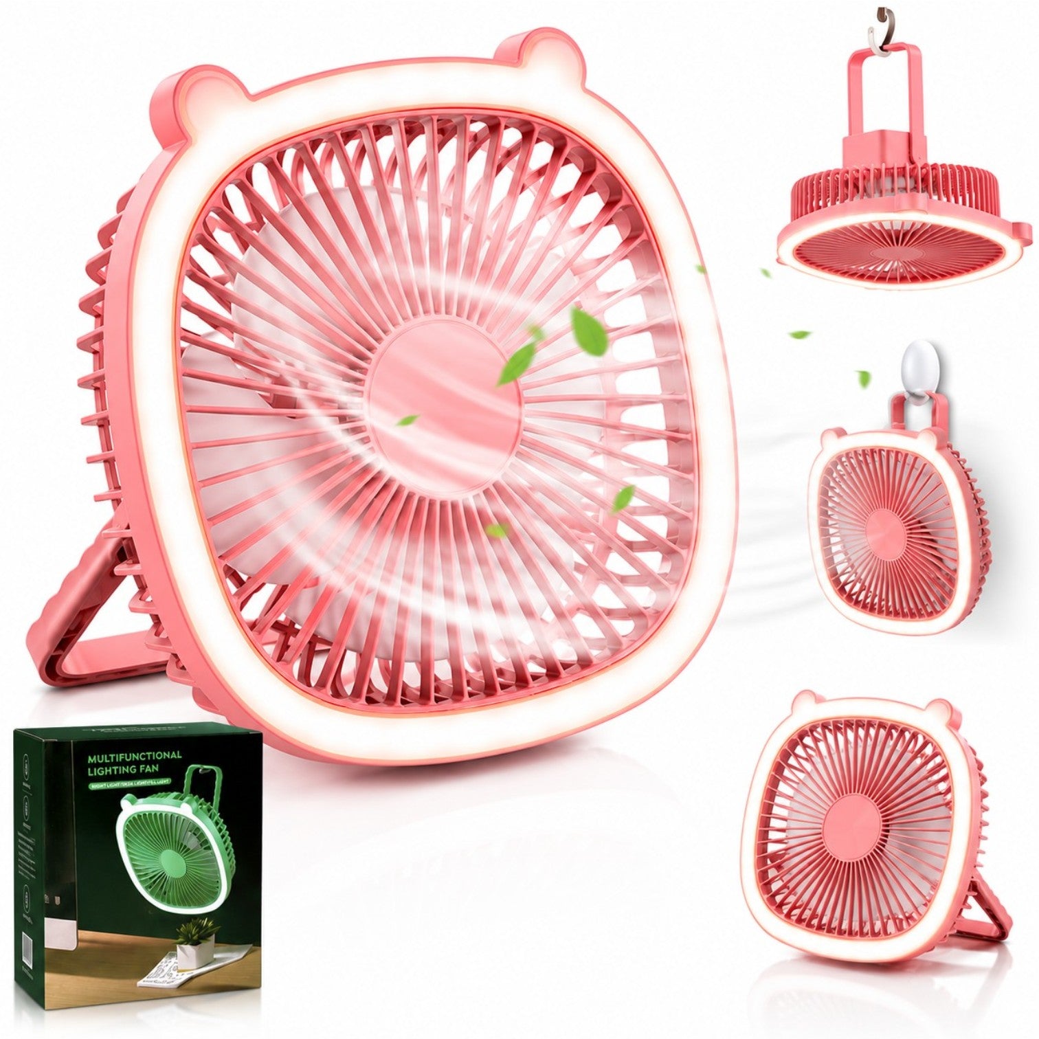 Ventilator Portabil Multifuncțional cu Lumină LED, 19cm, USB Reîncărcabil, 3 Trepte de Viteză, Suport Reglabil și Mâner pentru Agățare, Diferite Culori Engros