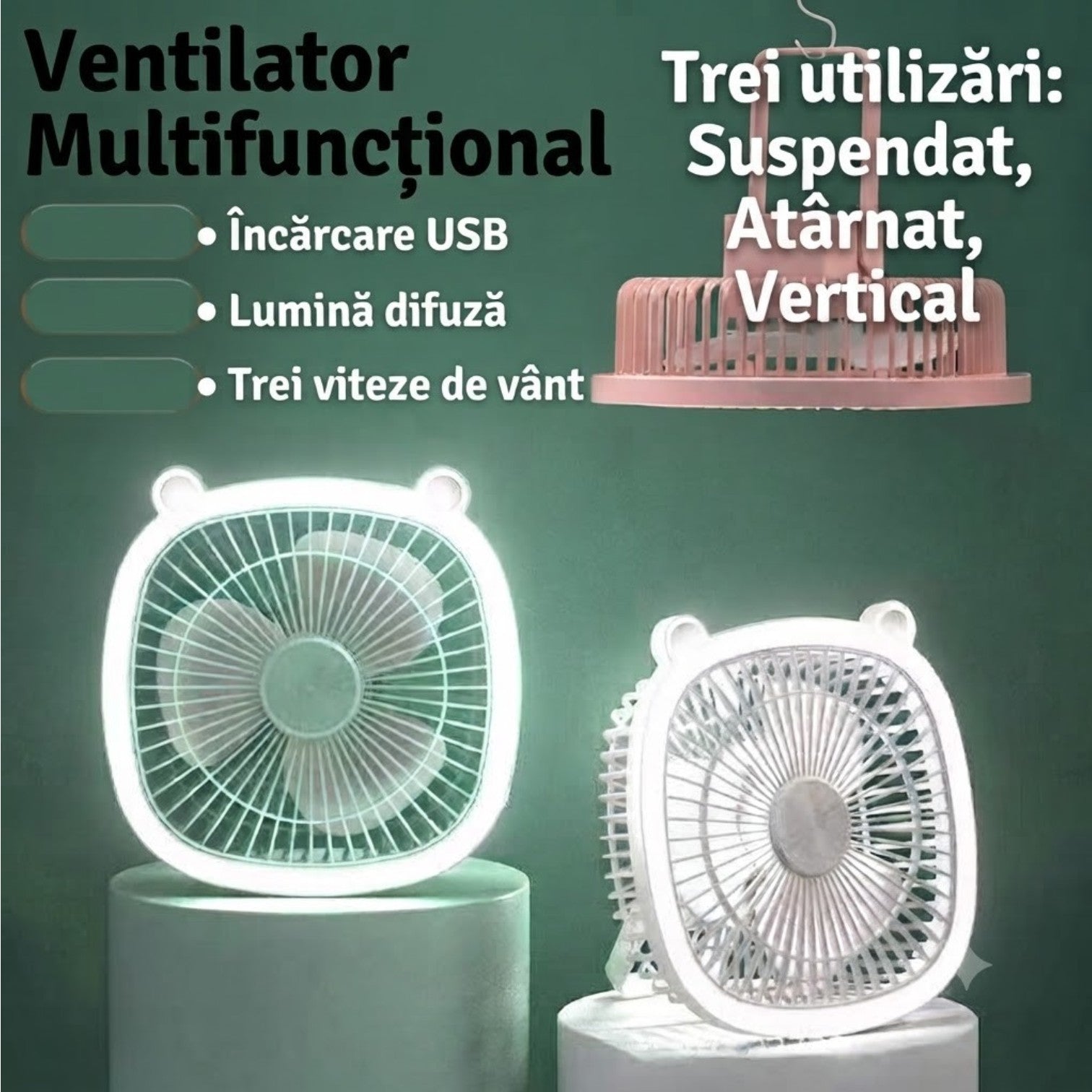 Ventilator Portabil Multifuncțional cu Lumină LED, 19cm, USB Reîncărcabil, 3 Trepte de Viteză, Suport Reglabil și Mâner pentru Agățare, Diferite Culori Engros