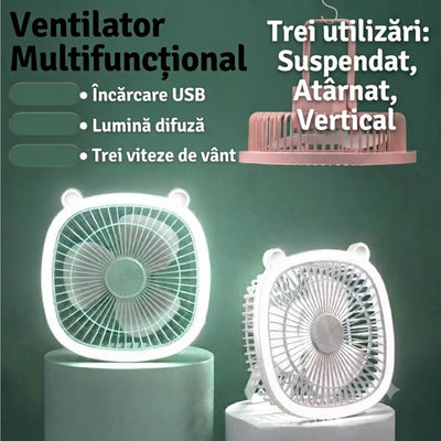 Ventilator Portabil Multifuncțional cu Lumină LED, 19cm, USB Reîncărcabil, 3 Trepte de Viteză, Suport Reglabil și Mâner pentru Agățare, Diferite Culori Engros