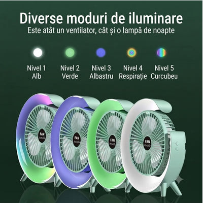 Ventilator Portabil 24cm cu Iluminare LED Multicolora, 3 Trepte de Viteză, Rotire Reglabilă, USB, Diferite Culori Engros