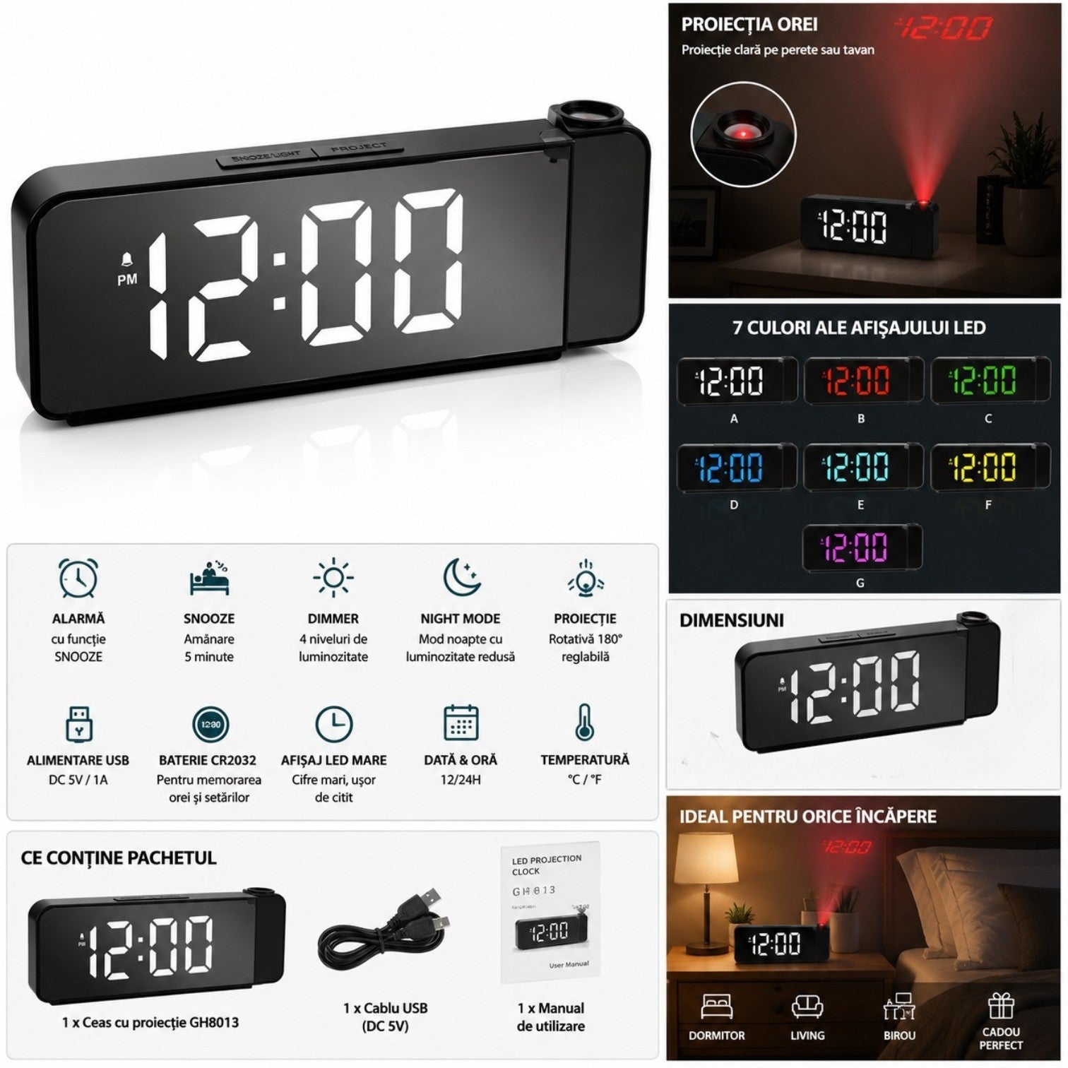 Ceas Digital cu Proiector, 20×8cm Afișaj LED Multicolor, Alarmă cu Funcție Amânare, Alimentare USB sau Baterie Inclusă Engros