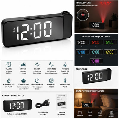 Ceas Digital cu Proiector, 20×8cm Afișaj LED Multicolor, Alarmă cu Funcție Amânare, Alimentare USB sau Baterie Inclusă Engros
