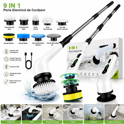 Perie Electrică de Curățare 9 în 1, 25W, 110–120cm Reîncărcabilă USB, Mâner Telescopic Extensibil, 9 Capete Interschimbabile, Multifunctionala Engros