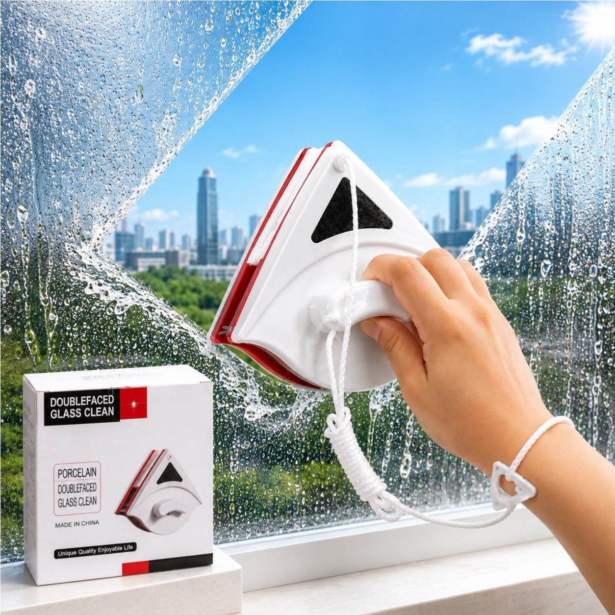 Curatator Magnetic pentru Geamuri cu Două Fețe, 16x13.5x6cm, cu Șnur de Siguranță și Bureți de Rezervă, Curățare Interioară și Exterioară Simultană Engros