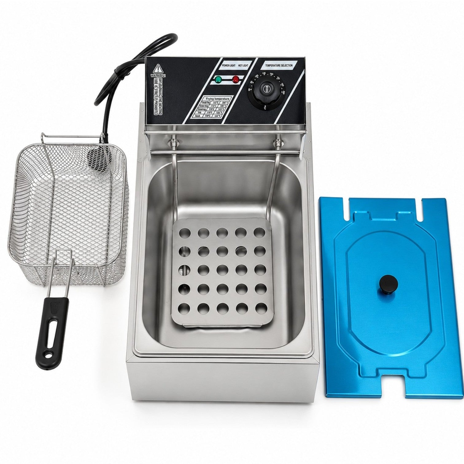 Friteuză Electrică Profesională din Inox, 45×29×26cm, 3.5kg, Termostat Reglabil, Coș din Oțel Inoxidabil cu Capac Inclus, 2500W Engros
