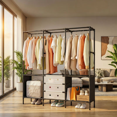 Dulap Textil Modular 122x41x188cm cu Uși Rabatabile, Organizator pentru Haine și Depozitare, Cadru Metalic Engros
