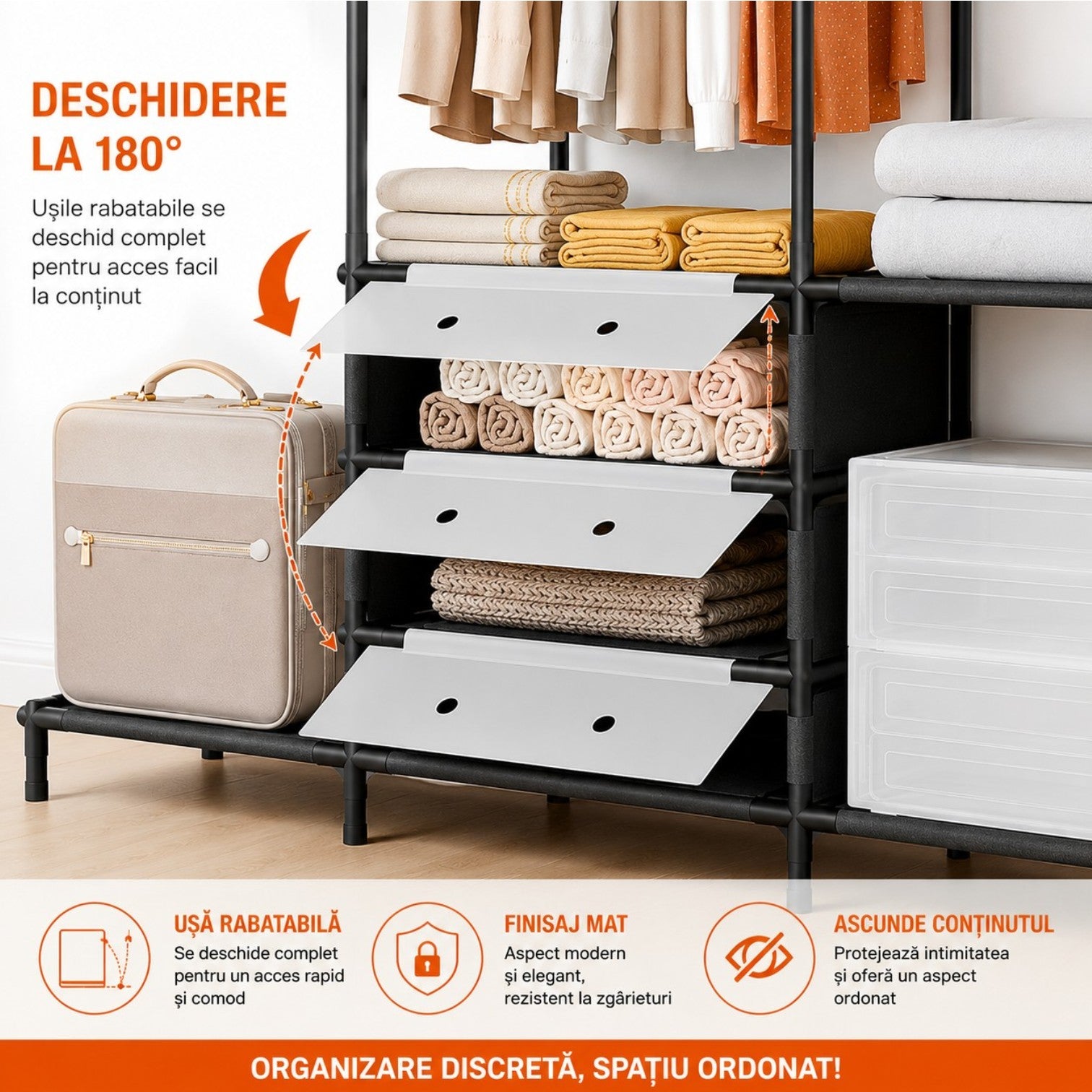Dulap Textil Modular 122x41x188cm cu Uși Rabatabile, Organizator pentru Haine și Depozitare, Cadru Metalic Engros