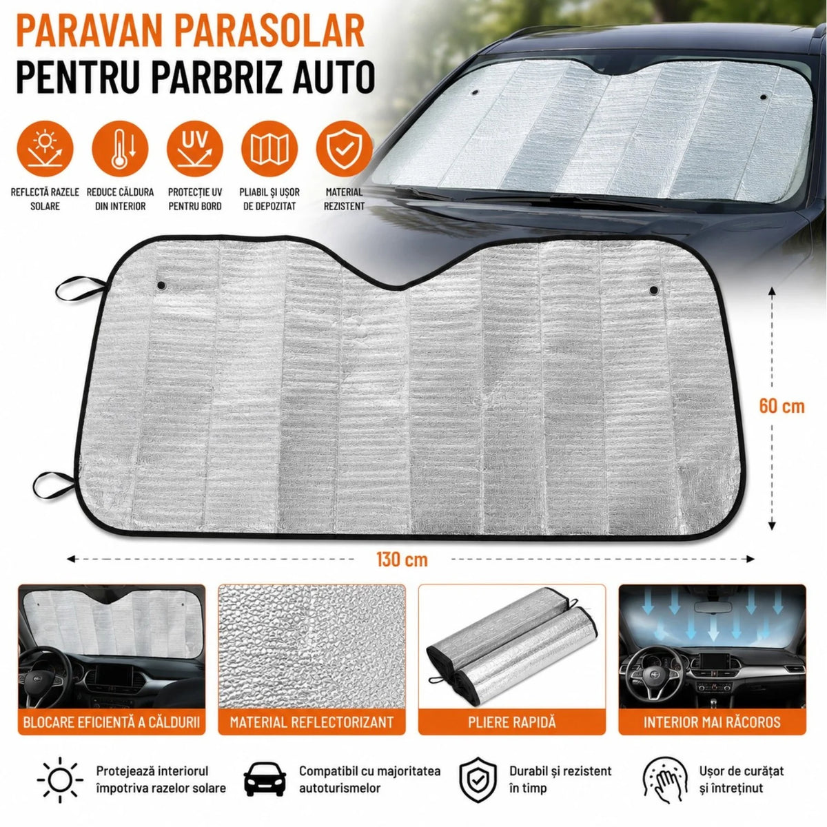 Parasolar Auto Pliabil Reflectorizant pentru Parbriz 130×60cm, cu 2 Ventuze Incluse Engros