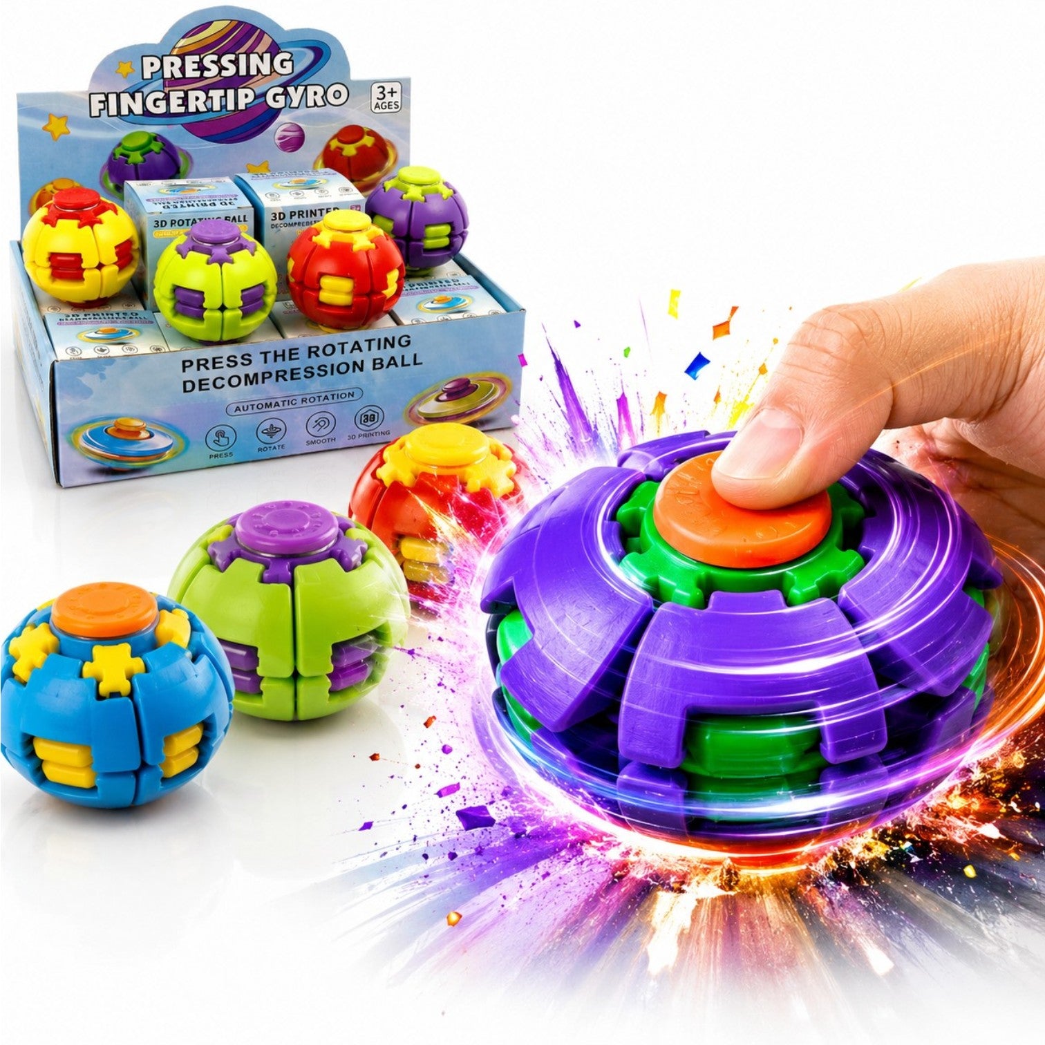 Minge Spinner Antistres 3D 12/set, 5.5cm, Fingertip Gyro cu Rotire Automată și Buton de Apăsare, Diferite Culori Engros