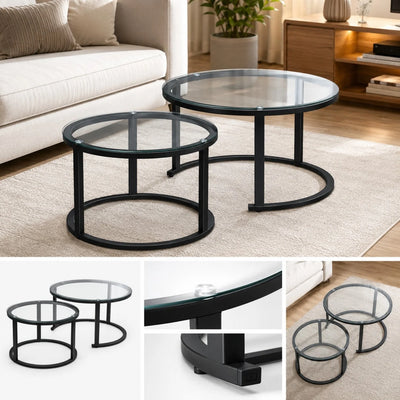 Mese de Cafea Rotunde 2 Piese, Blat din Sticlă 70×70×45cm si 50×50×38cm, cu Cadru Metalic Engros