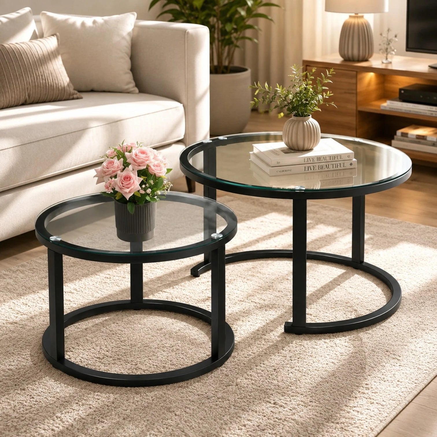 Mese de Cafea Rotunde 2 Piese, Blat din Sticlă 70×70×45cm si 50×50×38cm, cu Cadru Metalic Engros