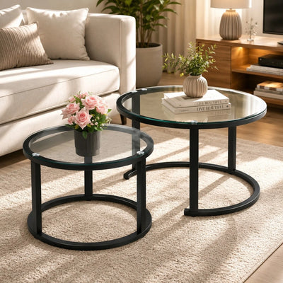 Mese de Cafea Rotunde 2 Piese, Blat din Sticlă 70×70×45cm si 50×50×38cm, cu Cadru Metalic Engros