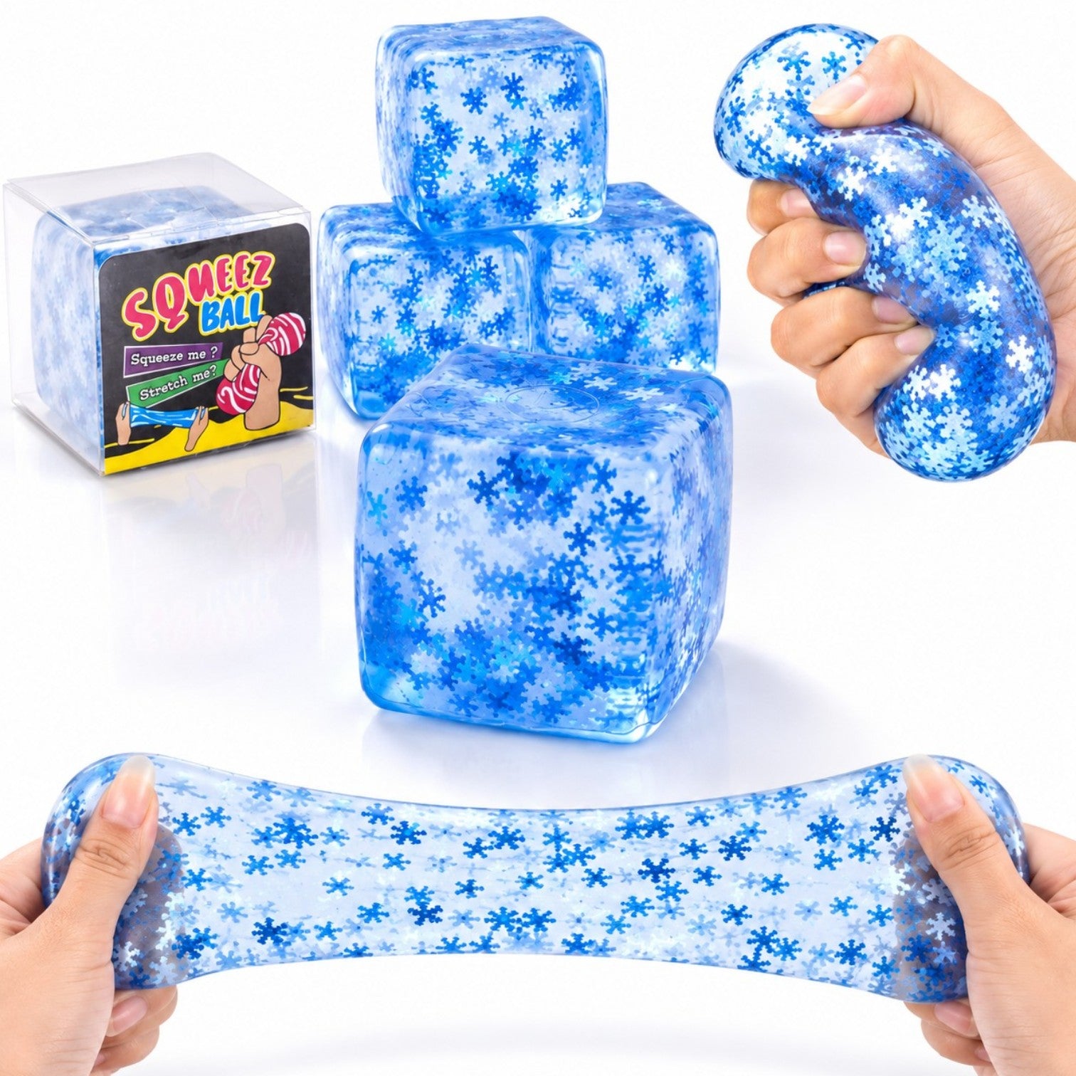 Cub Antistres Nee Doh Ice Cube 5x5cm, Jucărie Senzorială Squishy din Gel Elastic cu Paiete în Formă de Fulg, Stretch & Squeeze Engros