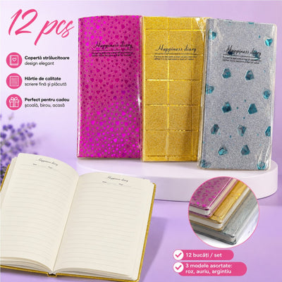 Agendă Glitter 12/set, Copertă Lucioasă, Dictando 20×15cm, Diferite Modele Engros