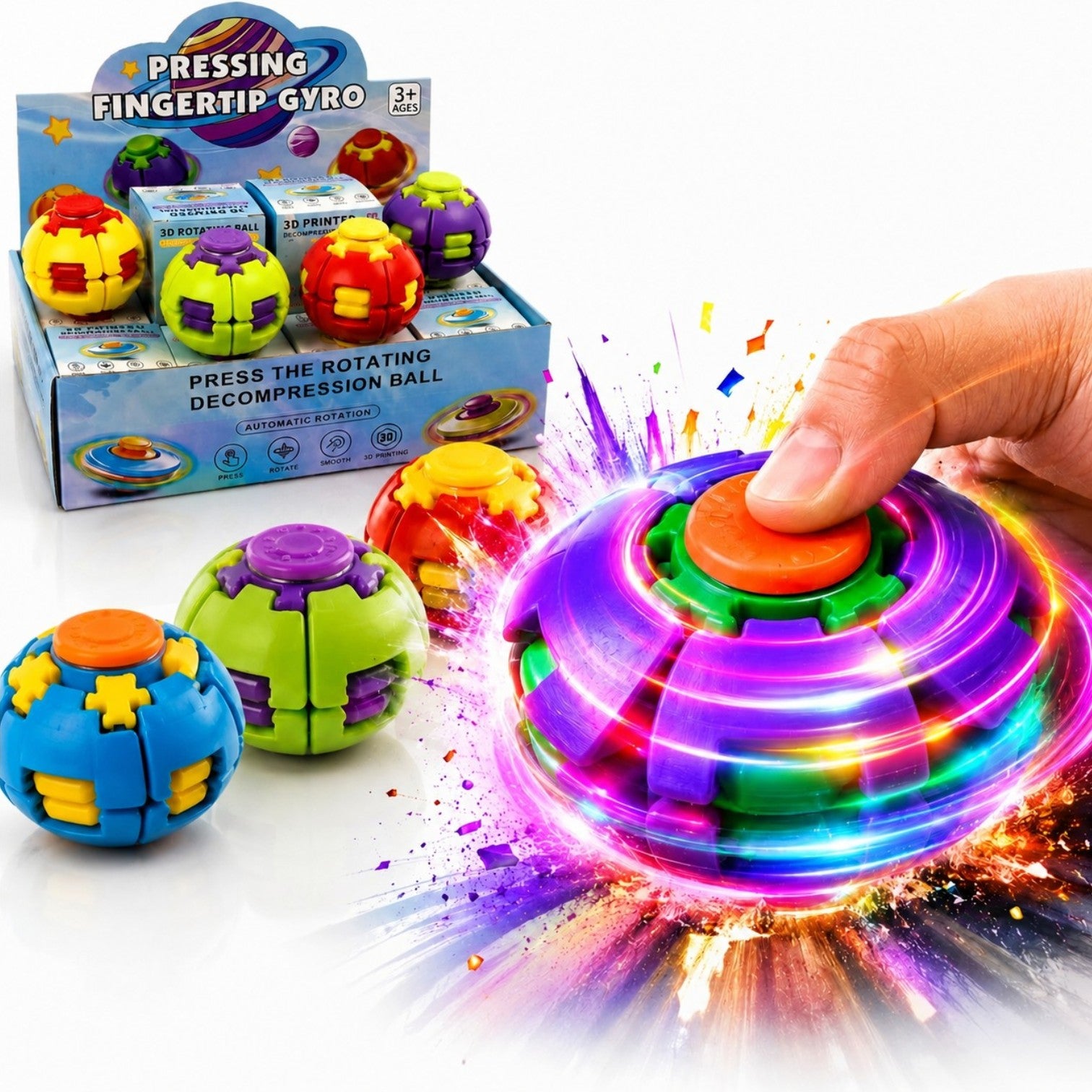 Minge Spinner Antistres 12/set cu Lumina LED Multicolora 3D, 5.5cm, Fingertip Gyro cu Rotire Automată și Buton de Apăsare, Diferite Culori Engros