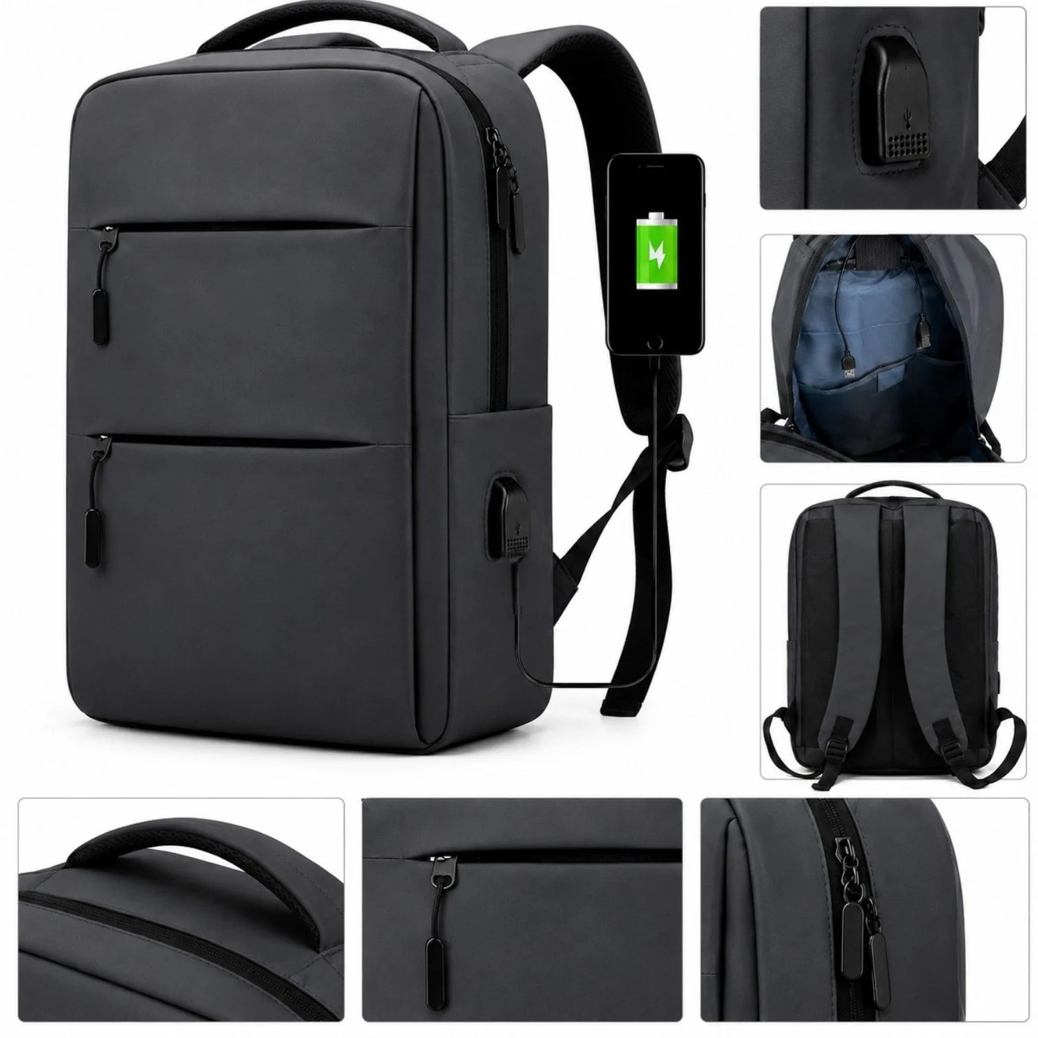 Ghiozdan cu 3 Fermoare 42×30×12cm, Port USB, Rucsac pentru Laptop, din Piele Ecologică, Engros