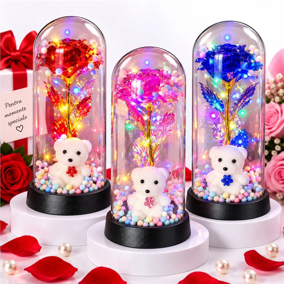 Trandafir Cristalizat 20x9.5cm cu Lumina LED Multicolor sub Cupola Transparenta, cu Ursulet Decorativ si Bilute Colorate, Diferite Culori Engros