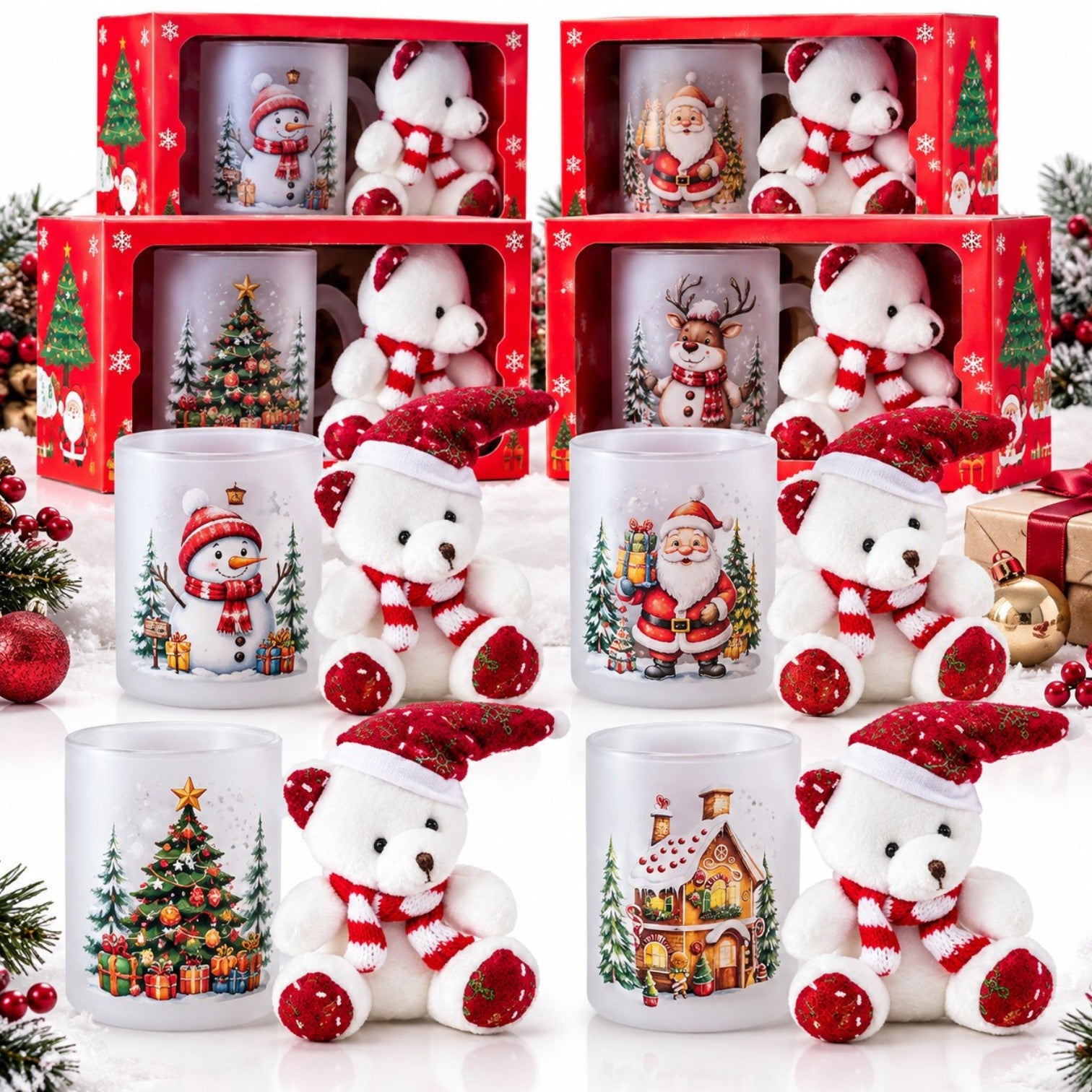 Cana din Sticla Mata 10x8cm cu Ursulet de Plus 12cm cu Agatatoare, in Cutie Cadou cu Fundita, Diferite Modele Engros