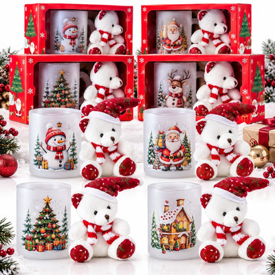Cana din Sticla Mata 10x8cm cu Ursulet de Plus 12cm cu Agatatoare, in Cutie Cadou cu Fundita, Diferite Modele Engros