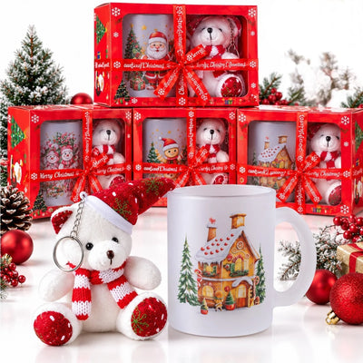 Cana din Sticla Mata 10x8cm cu Ursulet de Plus 12cm cu Agatatoare, in Cutie Cadou cu Fundita, Diferite Modele Engros