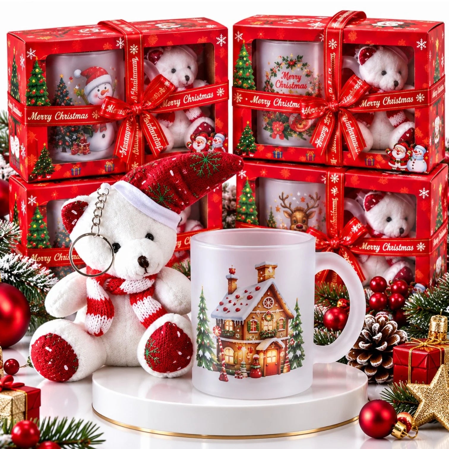 Cana din Sticla Mata 10x8cm cu Ursulet de Plus 12cm cu Agatatoare, in Cutie Cadou cu Fundita, Diferite Modele Engros