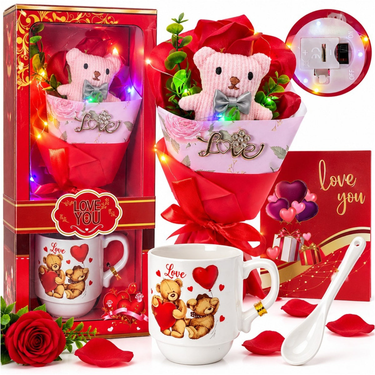 Cana Arcopal 10x7.5cm cu Lingura, Buchetel 25cm cu Ursulet si Trandafiri din Sapun, Lumina LED Multicolor, Cutie Cadou 33.5x14cm, Diferite Modele Engros