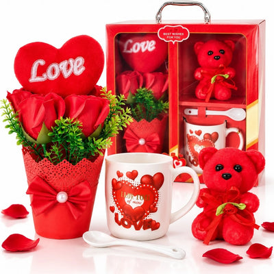 Cana Arcopal 7x7.5cm cu Lingura, Ghiveci cu 2 Trandafiri din Sapun 22cm si Ursulet din Plus 10cm, Cutie Cadou 24x21cm, Engros