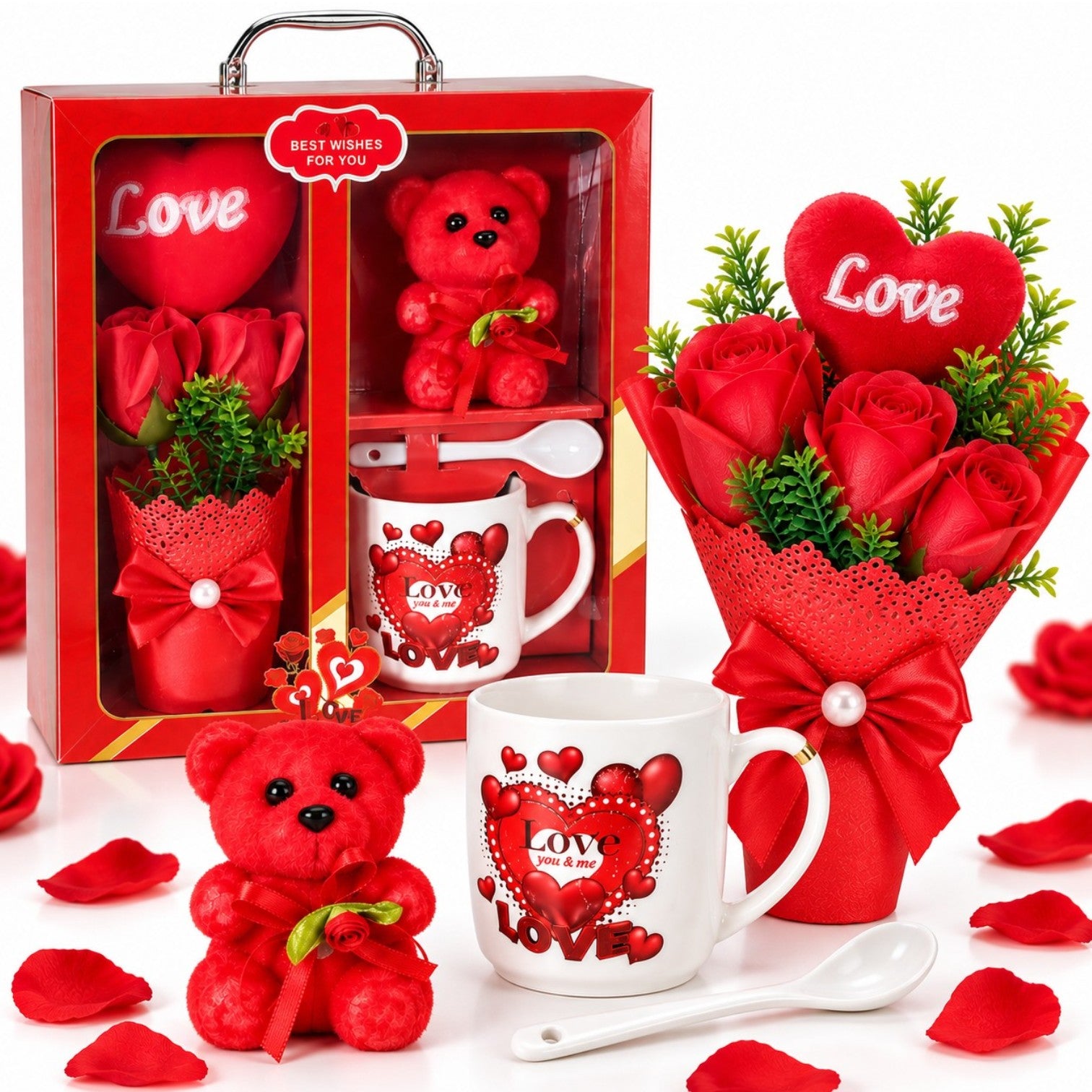 Cana Arcopal 7x7.5cm cu Lingura, Ghiveci cu 2 Trandafiri din Sapun 22cm si Ursulet din Plus 10cm, Cutie Cadou 24x21cm, Engros