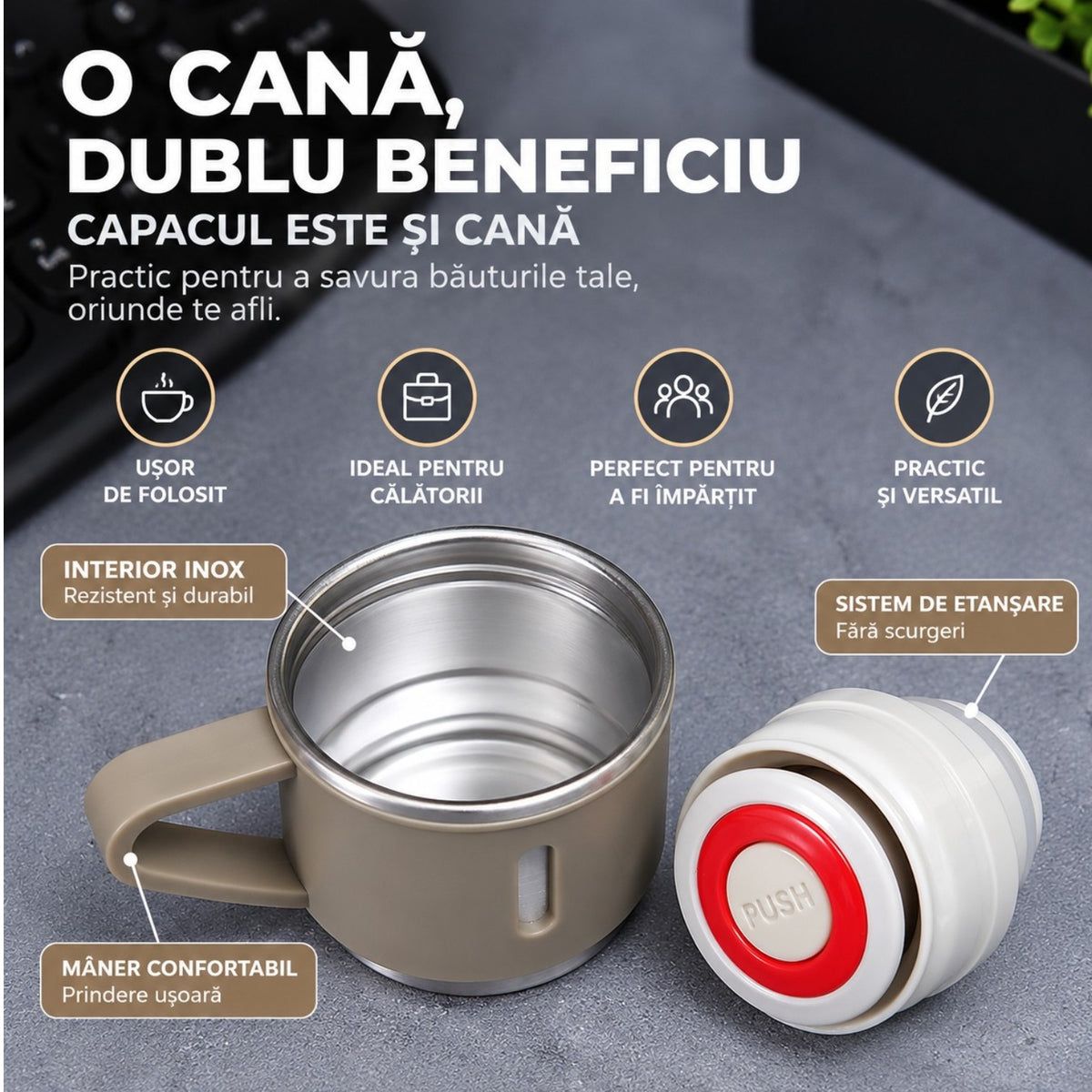 Termos INOX 500ml cu 3 Cesti Tip Capac cu Maner, 22.5cm, in Cutie Cadou, Diferite Culori Engros