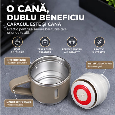 Termos INOX 500ml cu 3 Cesti Tip Capac cu Maner, 22.5cm, in Cutie Cadou, Diferite Culori Engros