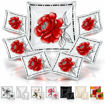 Farfurii din Sticla 7 Piese, Platou 29x29cm + 6 Farfurii 17x17cm, Diferite Modele si Culori Engros