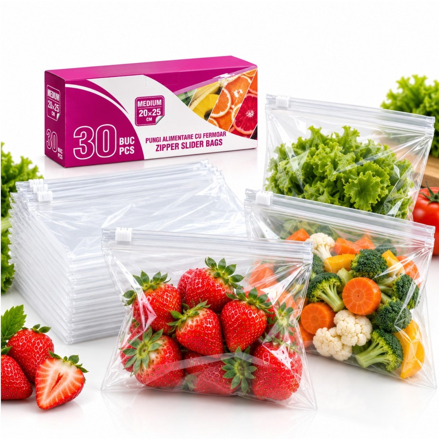 Pungi Alimentare 30/set, cu Fermoar 20x25cm, Transparente 2L Engros