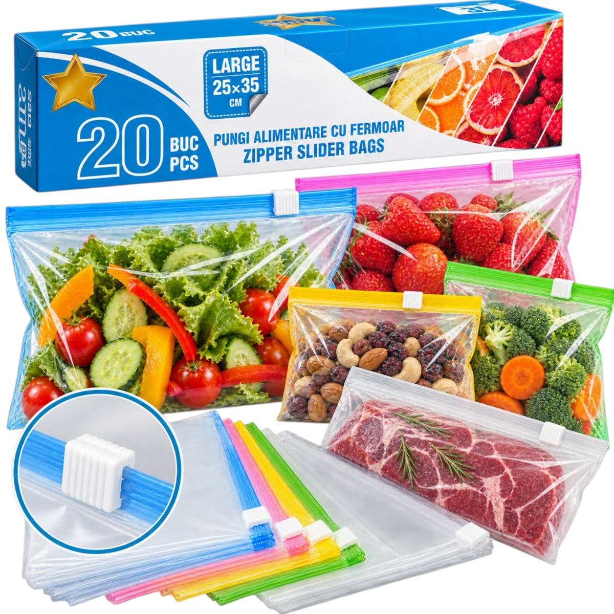 Pungi Alimentare 20/set, cu Fermoar 25x35cm, Transparente 3L Engros