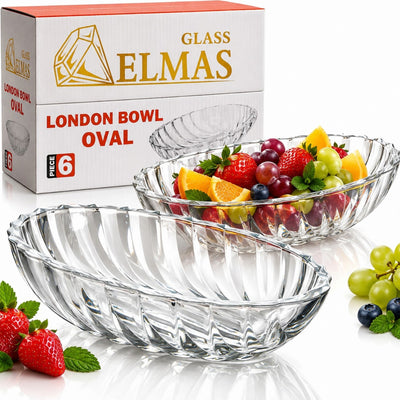 Bol din Sticla 6/Set, Model London Oval, 13.5x4x9.5cm, Transparent, cu Model Striat Engros