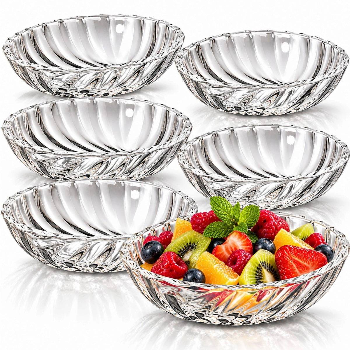 Bol din Sticla 6/Set, Model London Oval, 13.5x4x9.5cm, Transparent, cu Model Striat Engros