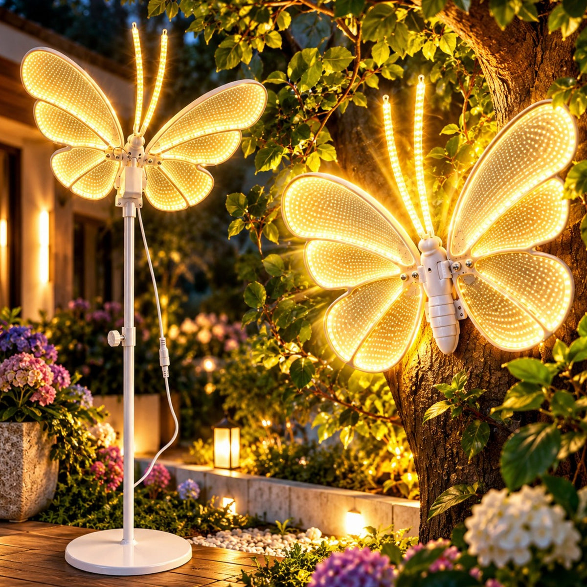 Fluture Decorativ LED 3D 53x37cm, cu Sunete si Aripi in Miscare, Lumina Alb Cald, Tija 110cm, pentru Craciun pentru Gradina si Exterior Engros
