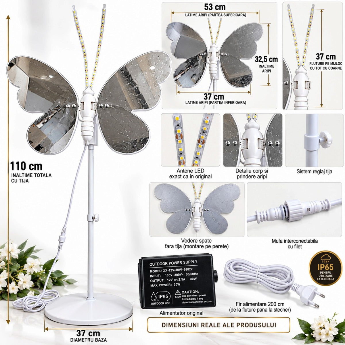 Fluture Decorativ LED 3D 53x37cm, cu Sunete si Aripi in Miscare, Lumina Alb Cald, Tija 110cm, pentru Craciun pentru Gradina si Exterior Engros
