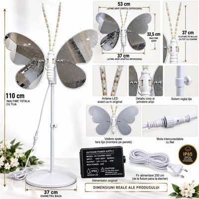 Fluture Decorativ LED 3D 53x37cm, cu Sunete si Aripi in Miscare, Lumina Alb Cald, Tija 110cm, pentru Craciun pentru Gradina si Exterior Engros
