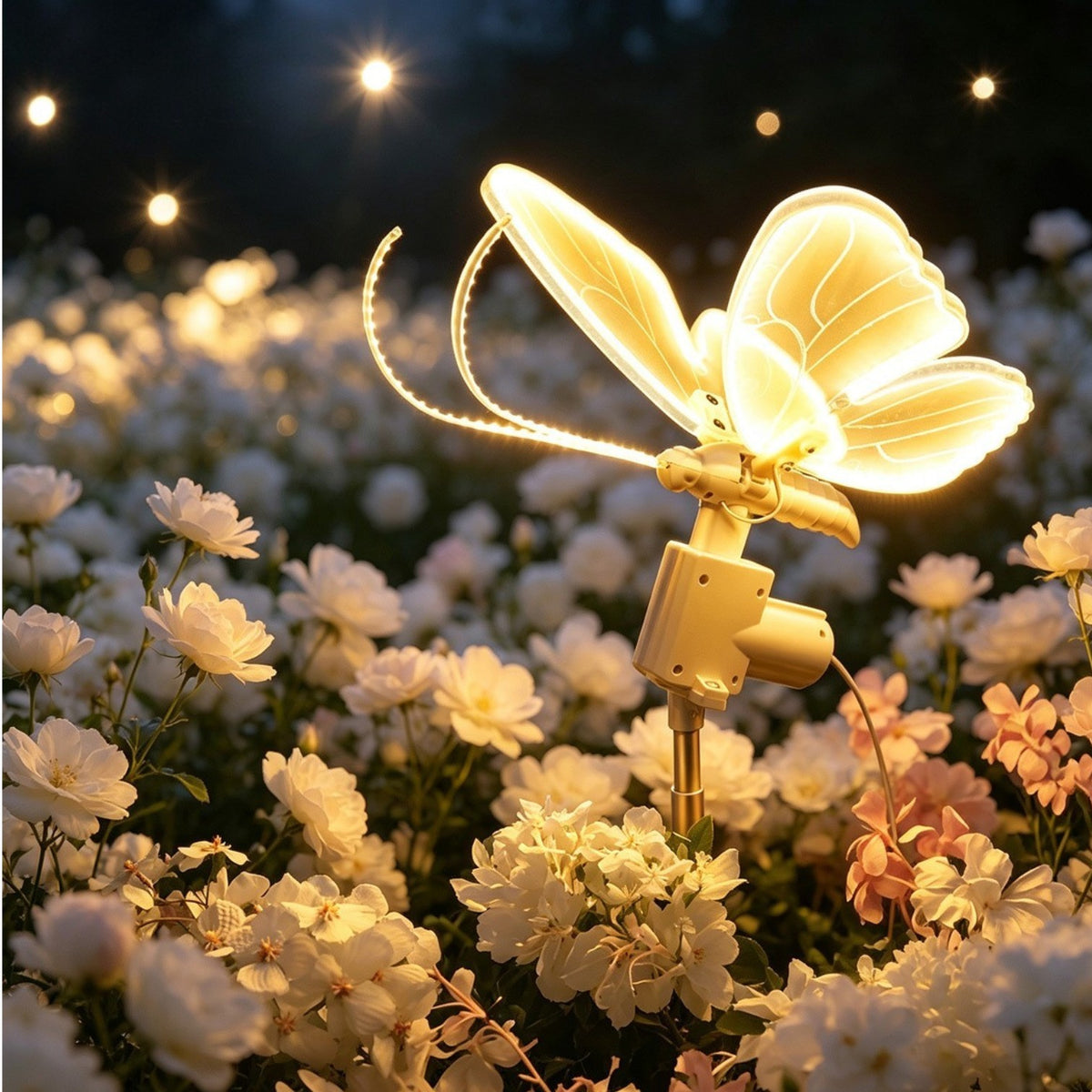 Fluture Decorativ LED 3D 53x37cm, cu Sunete si Aripi in Miscare, Lumina Alb Cald, Tija 110cm, pentru Craciun pentru Gradina si Exterior Engros