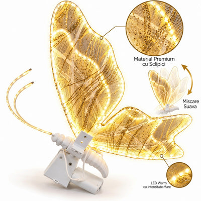 Fluture Decorativ LED de Craciun, Aripi din Dantela cu Sclipici, 65x45cm, Lumina Alb Cald, Aripi in Miscare si Sunete, Tija 130cm, Cablu 200cm, Interior/Exterior Engros