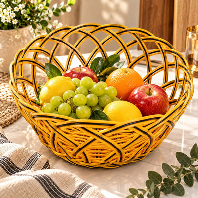 Cos Fructiera din Plastic Impletit, 21x11cm, Model Rotund Decorativ, Galben cu Negru Engros