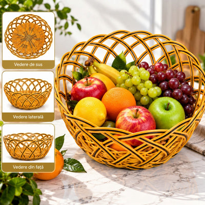 Cos Fructiera din Plastic Impletit, 21x11cm, Model Rotund Decorativ, Galben cu Negru Engros