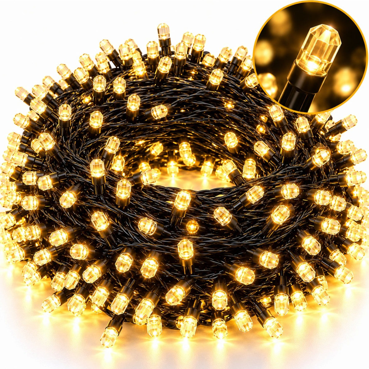 Instalatie Liniara LED de Craciun 15m, 200 LED-uri Hexagonale Tip Cristal, Lumina Alb Cald, Jocuri de Lumini si Efect Flash, Fir Negru Engros