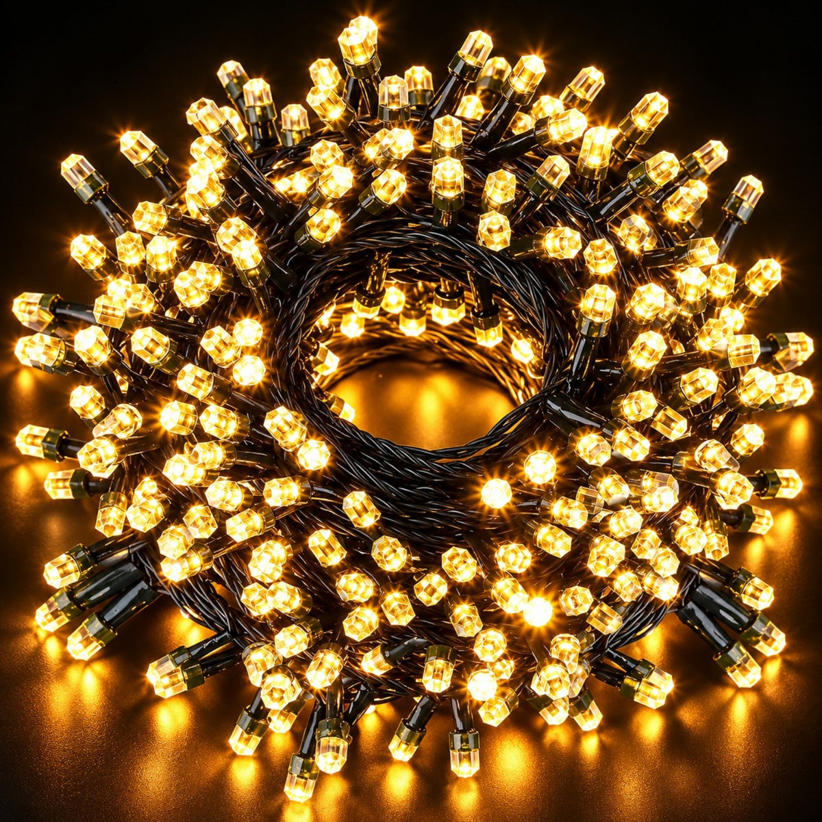 Instalatie Liniara LED de Craciun 15m, 200 LED-uri Hexagonale Tip Cristal, Lumina Alb Cald, Jocuri de Lumini si Efect Flash, Fir Negru Engros
