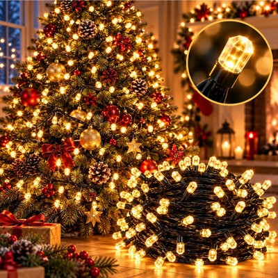 Instalatie Liniara LED de Craciun 15m, 200 LED-uri Hexagonale Tip Cristal, Lumina Alb Cald, Jocuri de Lumini si Efect Flash, Fir Negru Engros