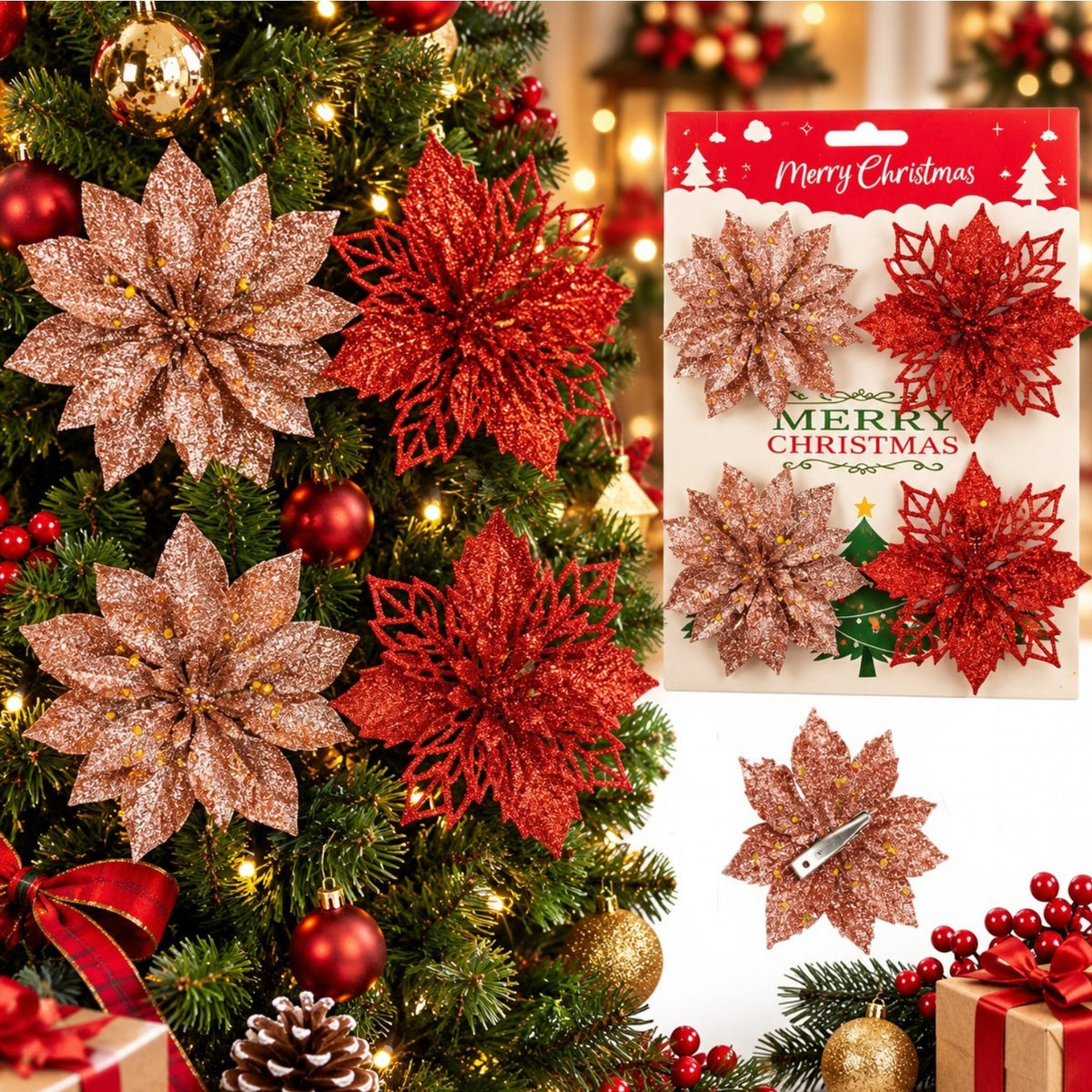 Ornamente pentru Brad 4/set, de Craciun 9cm cu Sclipici, Diferite Culori Engros