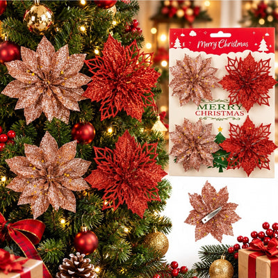 Ornamente pentru Brad 4/set, de Craciun 9cm cu Sclipici, Diferite Culori Engros