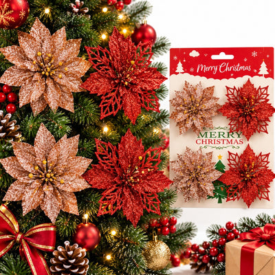 Ornamente pentru Brad 4/set, de Craciun 9cm cu Sclipici, Diferite Culori Engros